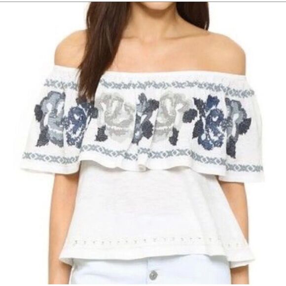 Free People Blue Embroidered Floral Top Womens Sz L Off Shoulder Boho Festival - Picture 1 of 10